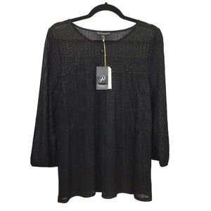 Adrianna Papell Women's Semi Sheer Boat Neck Black Long Sleeve Pullover Blouse L